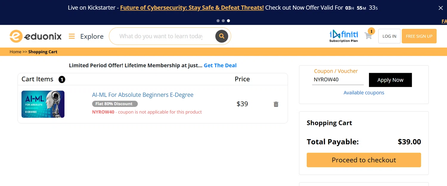 Eduonix coupon code screenshot showing code NYROW40 applied at Eduonix checkout page. Uploaded by SimplyCodes community member Gaby04 on Mar 31, 2025