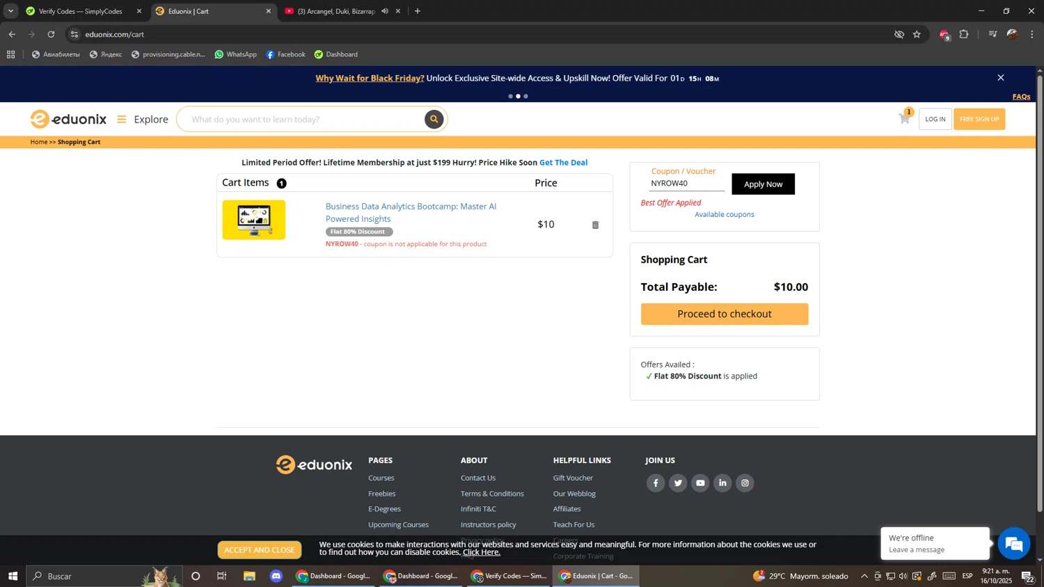 Eduonix coupon code screenshot showing code NYROW40 applied at Eduonix checkout page. Uploaded by SimplyCodes community member ScanShopper554 on Oct 16, 2025