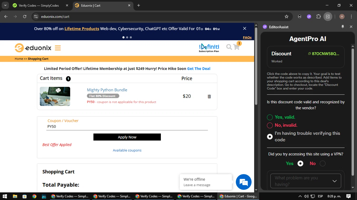 Eduonix coupon code screenshot showing code PY50 applied at Eduonix checkout page. Uploaded by SimplyCodes community member SmartWarden8713 on Mar 31, 2025