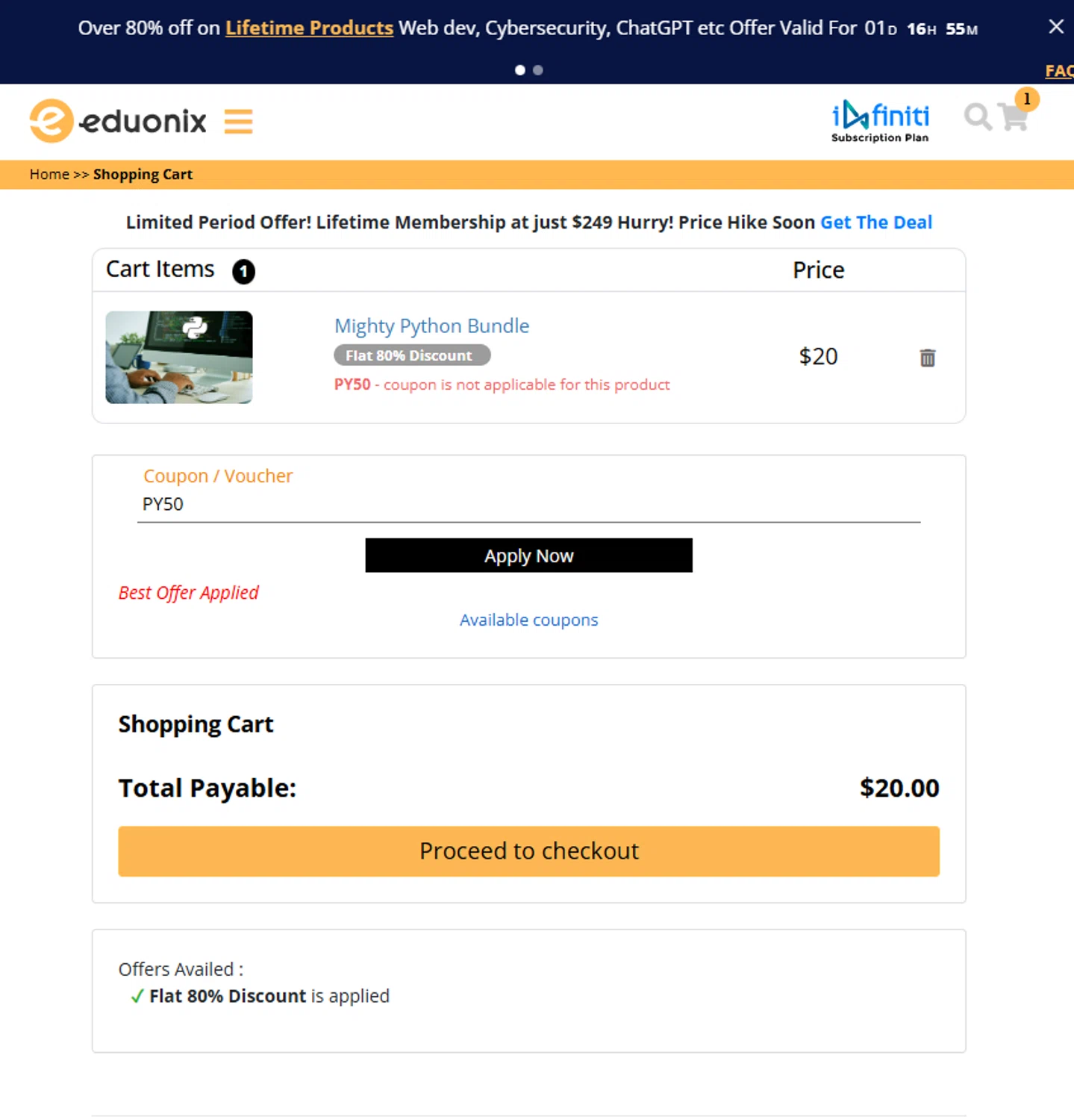 Eduonix coupon code screenshot showing code PY50 applied at Eduonix checkout page. Uploaded by SimplyCodes community member AliceLidell on Mar 14, 2025