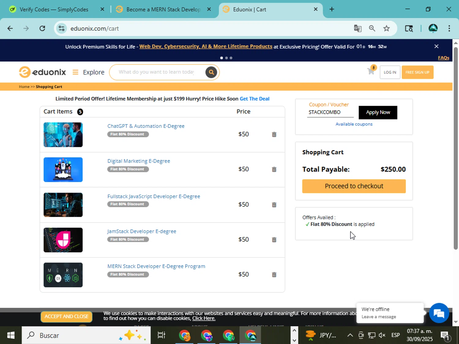 Eduonix coupon code screenshot showing code STACKCOMBO applied at Eduonix checkout page. Uploaded by SimplyCodes community member ingri85 on Sep 30, 2025