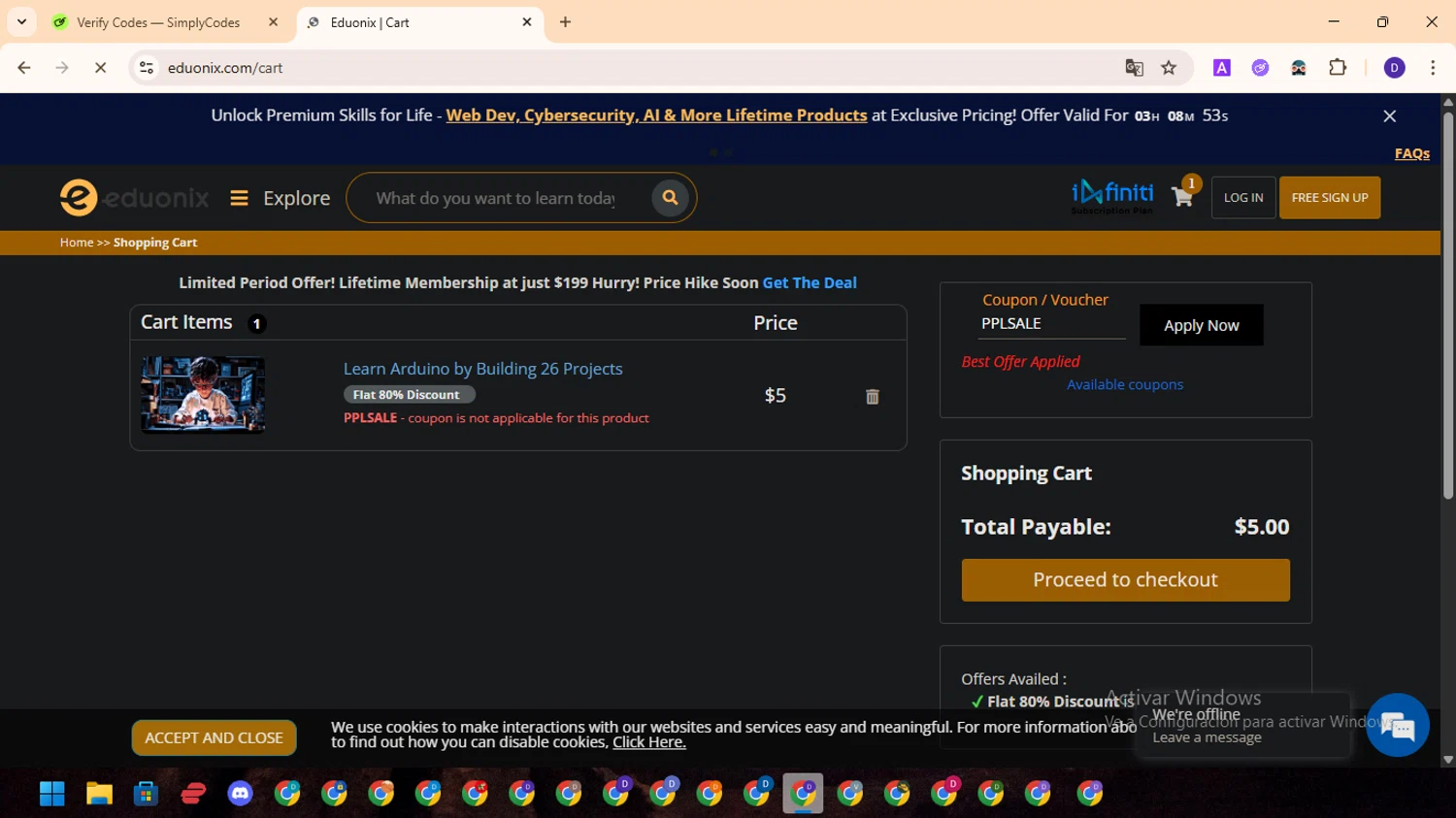 Eduonix coupon code screenshot showing code PPLSALE applied at Eduonix checkout page. Uploaded by SimplyCodes community member MagnificentFinder9583 on Jun 28, 2025