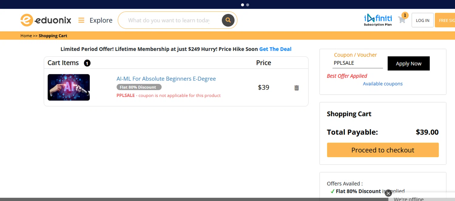 Eduonix coupon code screenshot showing code PPLSALE applied at Eduonix checkout page. Uploaded by SimplyCodes community member goldhooh on Jun 21, 2025