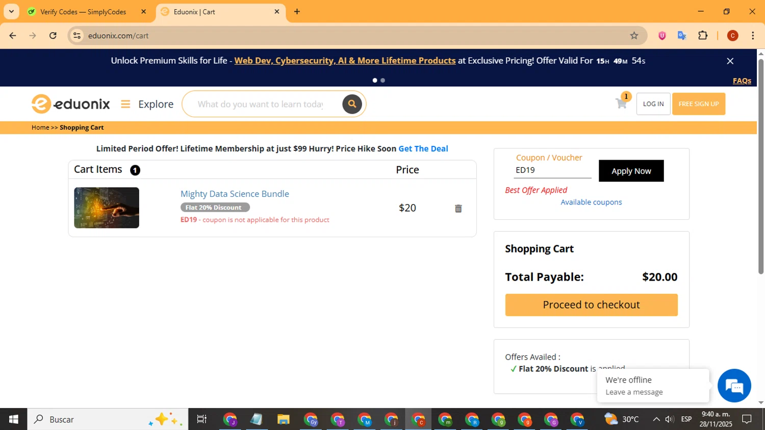 Eduonix checkout page showing Eduonix coupon code box | Screenshot taken by SimplyCodes community member on Nov 28, 2025