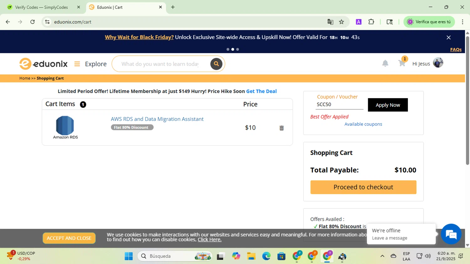 Eduonix coupon code screenshot showing code SCC50 applied at Eduonix checkout page. Uploaded by SimplyCodes community member jesusalvarez1 on Sep 21, 2025