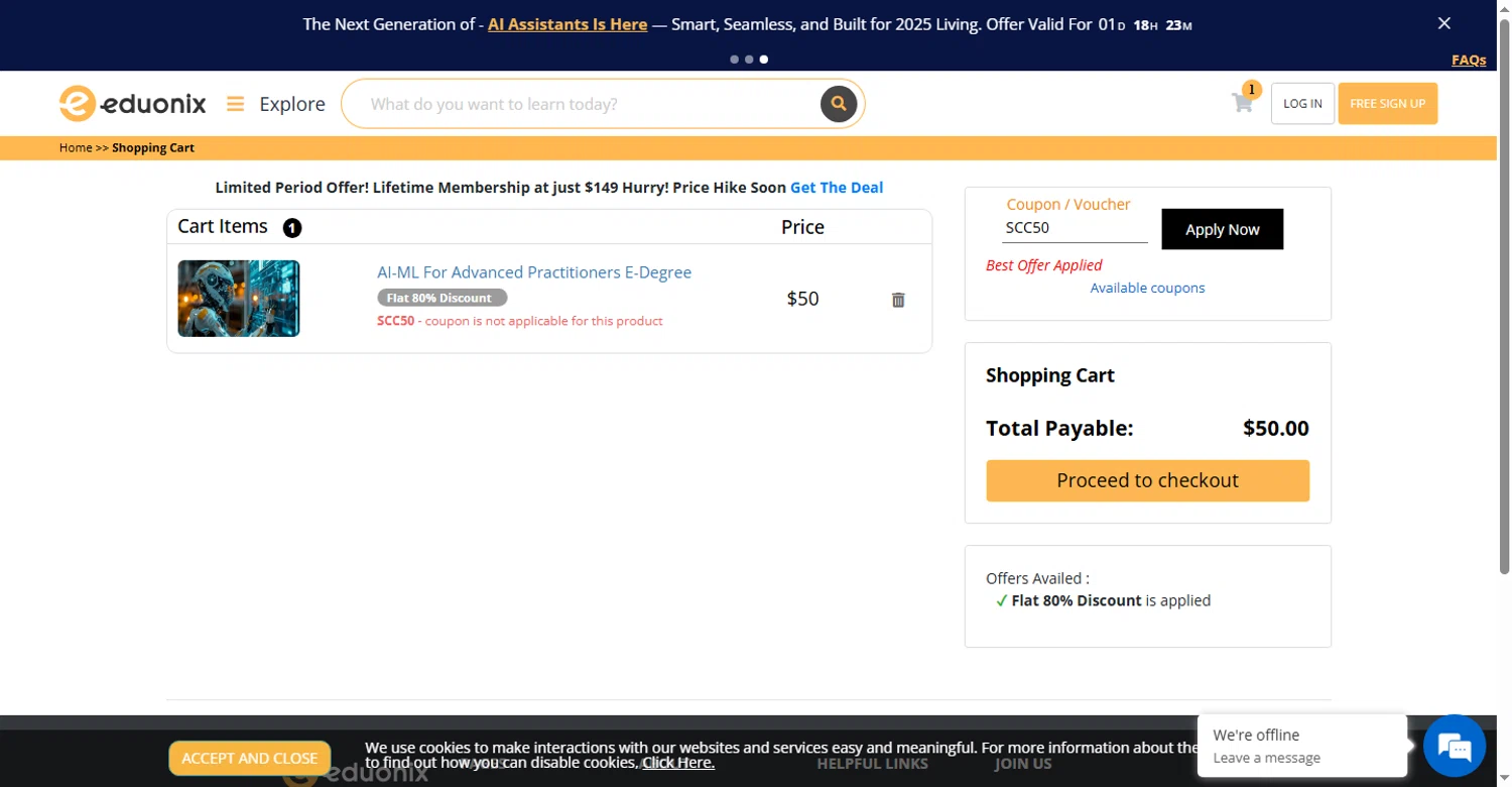 Eduonix coupon code screenshot showing code SCC50 applied at Eduonix checkout page. Uploaded by SimplyCodes community member sofia_8 on Sep 21, 2025