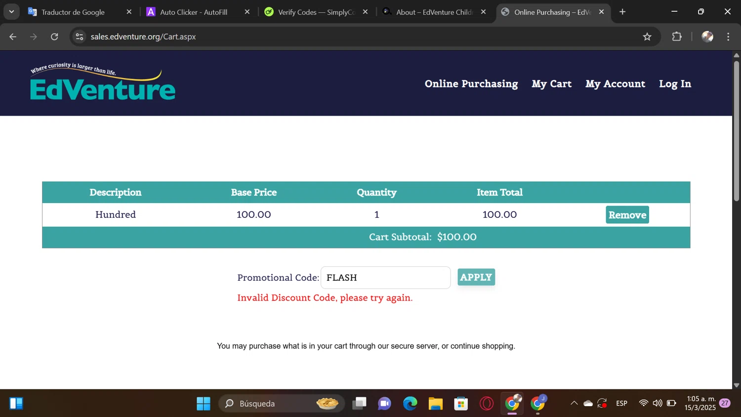 EdVenture Children's Museum promo code screenshot showing code FLASH30 applied at EdVenture Children's Museum checkout page. Uploaded by SimplyCodes community member MrShelbby on Mar 15, 2025