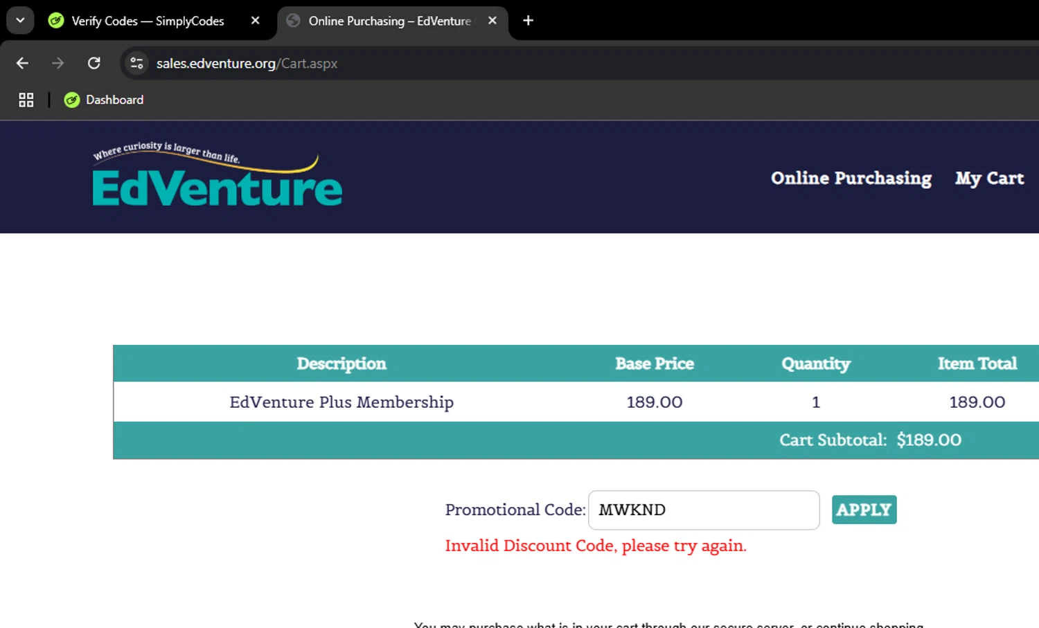 EdVenture Children's Museum promo code screenshot showing code MWKND applied at EdVenture Children's Museum checkout page. Uploaded by SimplyCodes community member SaturoGojo on Mar 18, 2025