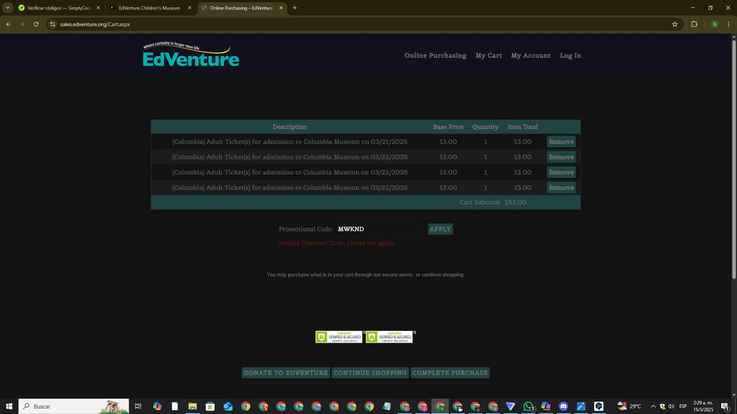 EdVenture Children's Museum promo code screenshot showing code MWKND applied at EdVenture Children's Museum checkout page. Uploaded by SimplyCodes community member ValiantVirtuoso7750 on Mar 15, 2025