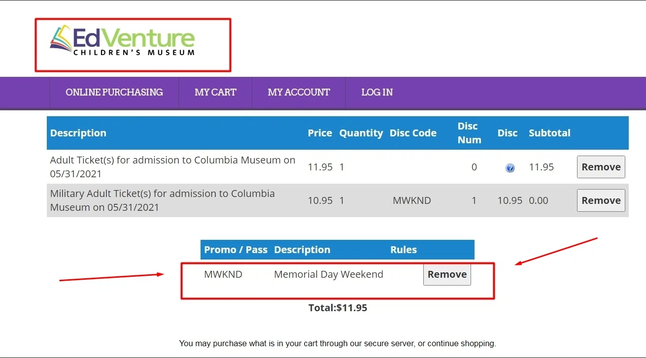 EdVenture Children's Museum checkout page showing EdVenture Children's Museum promo code box | Screenshot taken by SimplyCodes community member on Jul 20, 2021