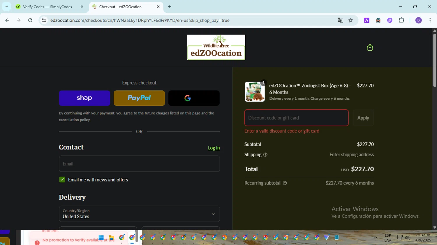 edZOOcation™ discount code screenshot showing code EDZOOWSNWFL2 applied at edZOOcation™ checkout page. Uploaded by SimplyCodes community member EpicSpotter8045 on Sep 4, 2025