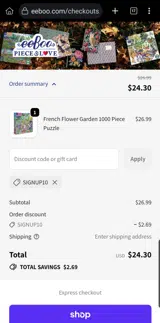 SIGNUP10 coupon verification screenshot