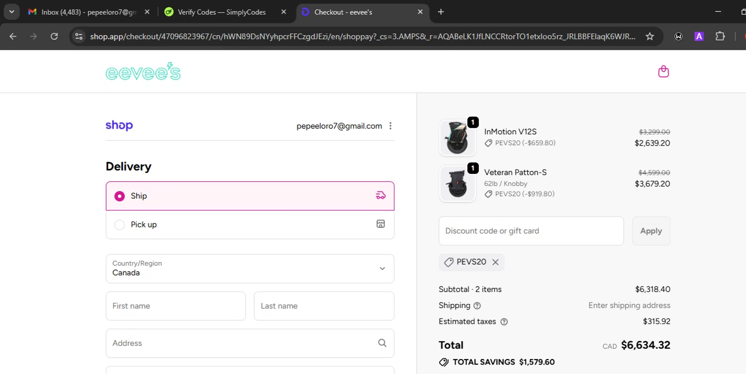 eevees discount code screenshot showing code PEVS20 applied at eevees checkout page. Uploaded by SimplyCodes community member Eminem on Jan 29, 2026