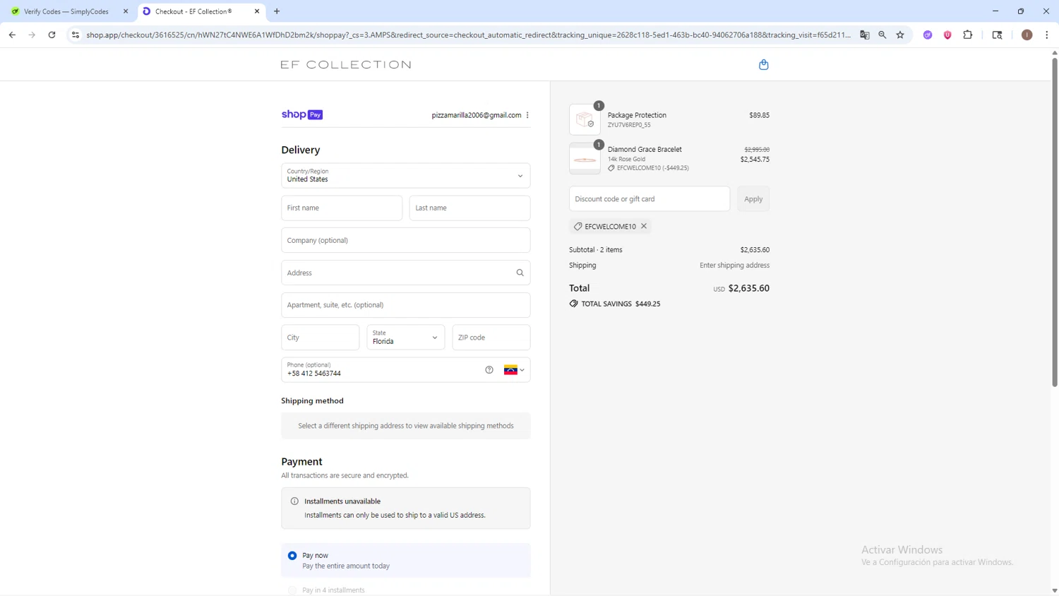 EF Collection discount code screenshot showing code EFCWELCOME10 applied at EF Collection checkout page. Uploaded by SimplyCodes community member pequenokalvin5 on Aug 23, 2025