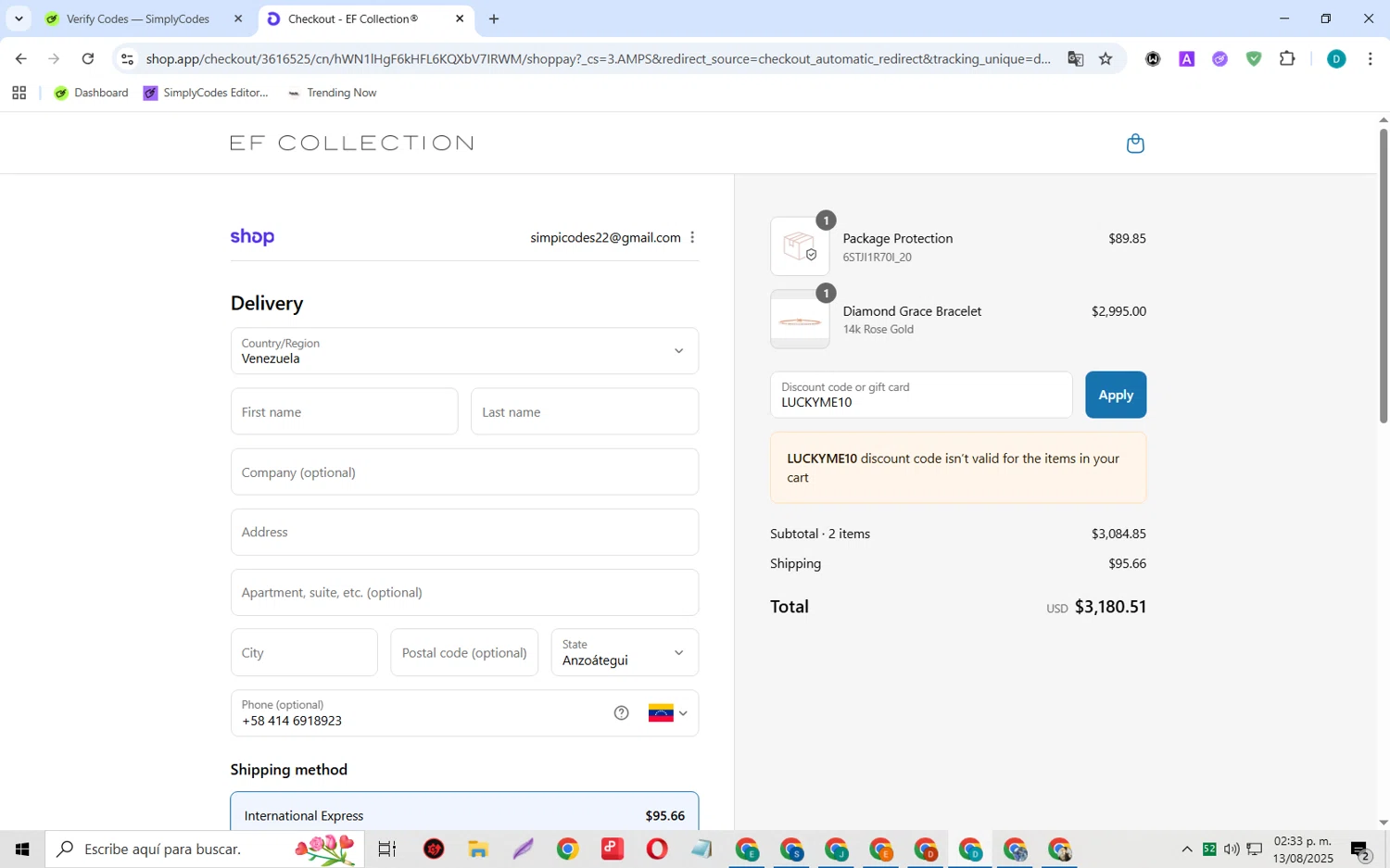 EF Collection discount code screenshot showing code LUCKYME10 applied at EF Collection checkout page. Uploaded by SimplyCodes community member MagnificentCollector5368 on Aug 13, 2025