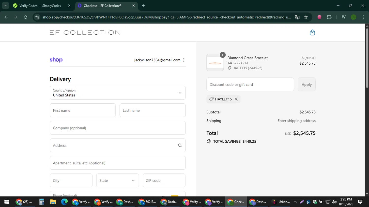 EF Collection discount code screenshot showing code Hayley15 applied at EF Collection checkout page. Uploaded by SimplyCodes community member ShieldFinder369 on Aug 13, 2025