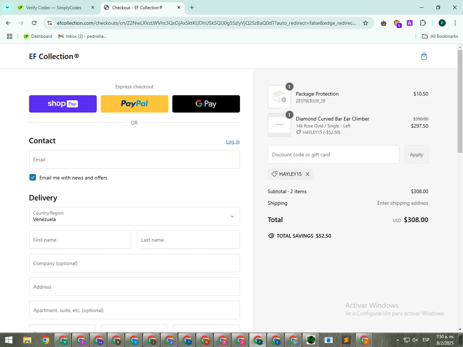 EF Collection discount code screenshot showing code Hayley15 applied at EF Collection checkout page. Uploaded by SimplyCodes community member PrimeExpert4447 on Feb 8, 2025