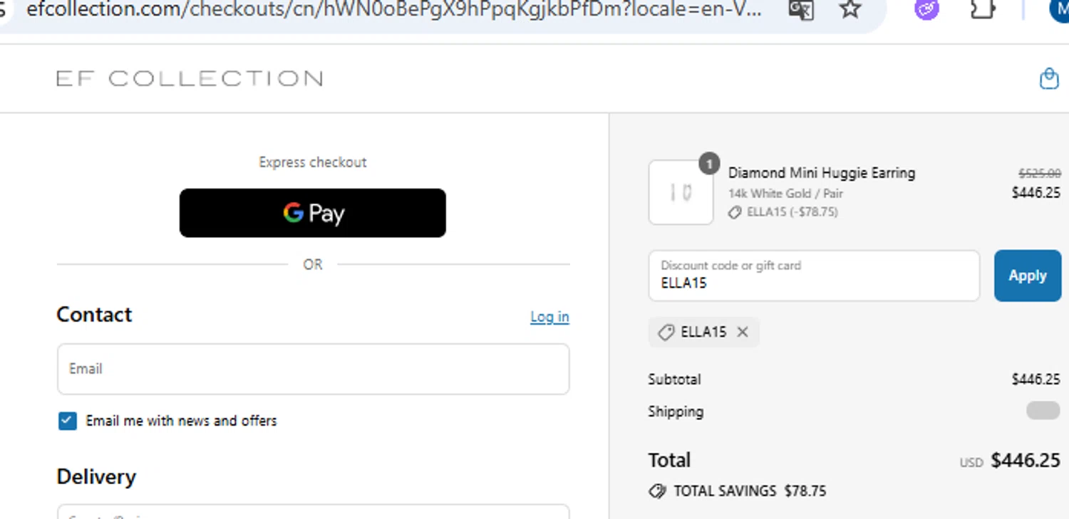 EF Collection discount code screenshot showing code ELLA15 applied at EF Collection checkout page. Uploaded by SimplyCodes community member PennyOwl2559 on Jul 19, 2025
