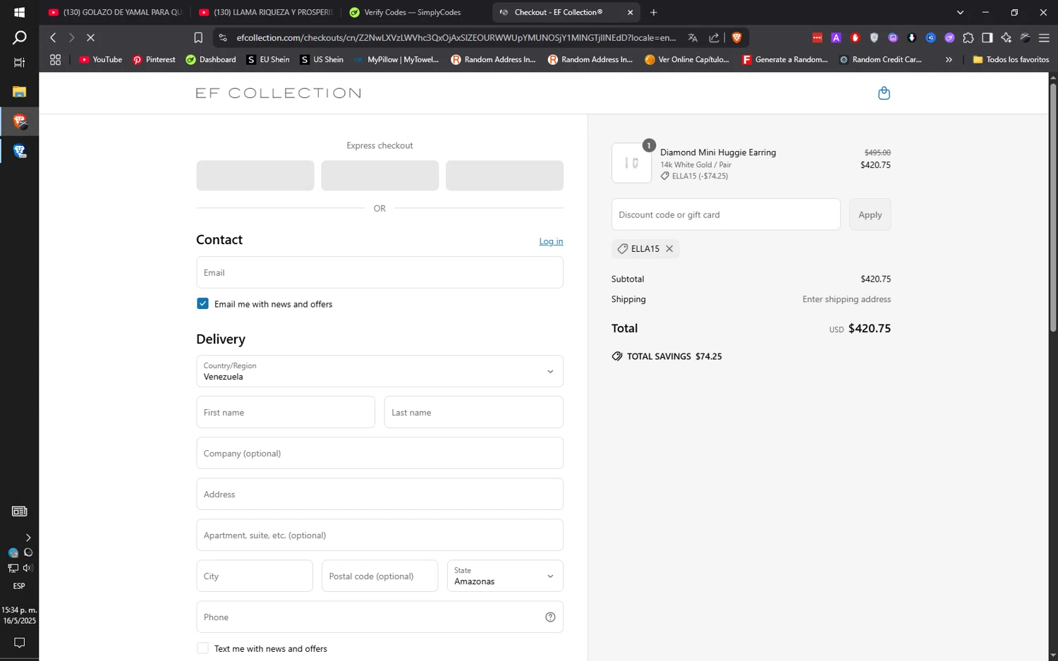 EF Collection discount code screenshot showing code ELLA15 applied at EF Collection checkout page. Uploaded by SimplyCodes community member ilaMiguel on May 16, 2025