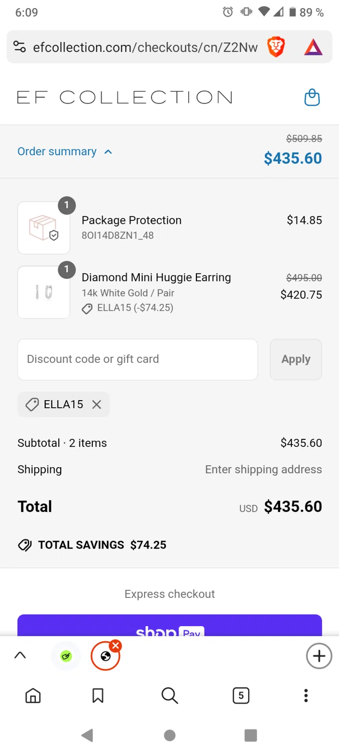 EF Collection discount code screenshot showing code ELLA15 applied at EF Collection checkout page. Uploaded by SimplyCodes community member victor on Apr 3, 2025