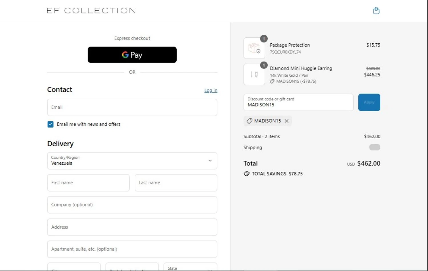 EF Collection discount code screenshot showing code MADISON15 applied at EF Collection checkout page. Uploaded by SimplyCodes community member ScanMaestro644 on Aug 1, 2025