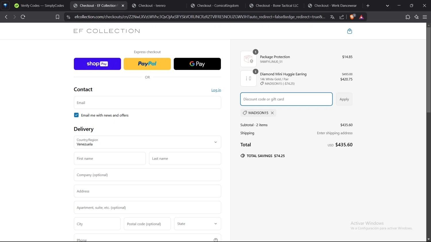 EF Collection discount code screenshot showing code MADISON15 applied at EF Collection checkout page. Uploaded by SimplyCodes community member VoucherShopper4674 on Apr 3, 2025