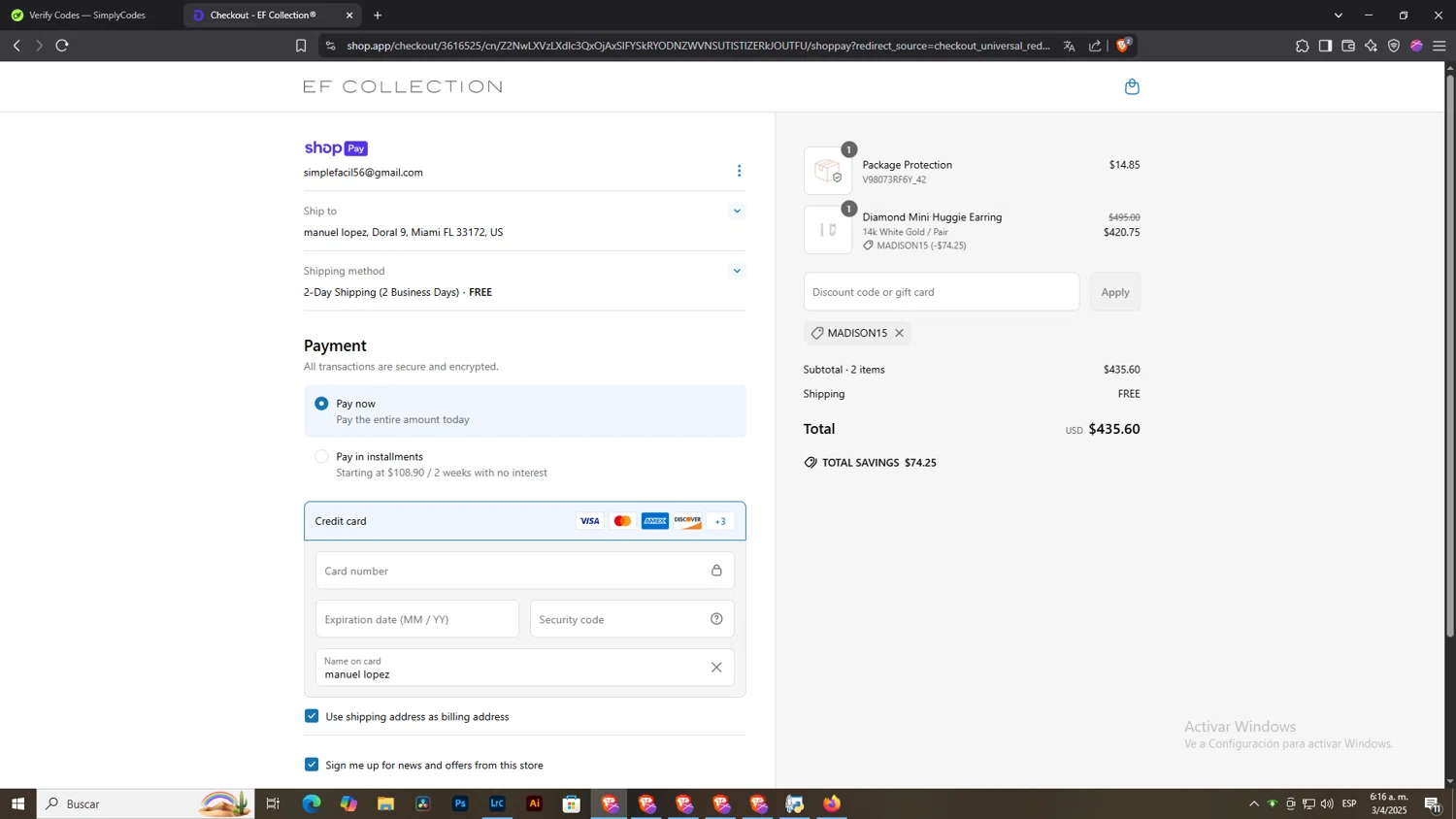 EF Collection discount code screenshot showing code MADISON15 applied at EF Collection checkout page. Uploaded by SimplyCodes community member NobleLegend6162 on Apr 3, 2025