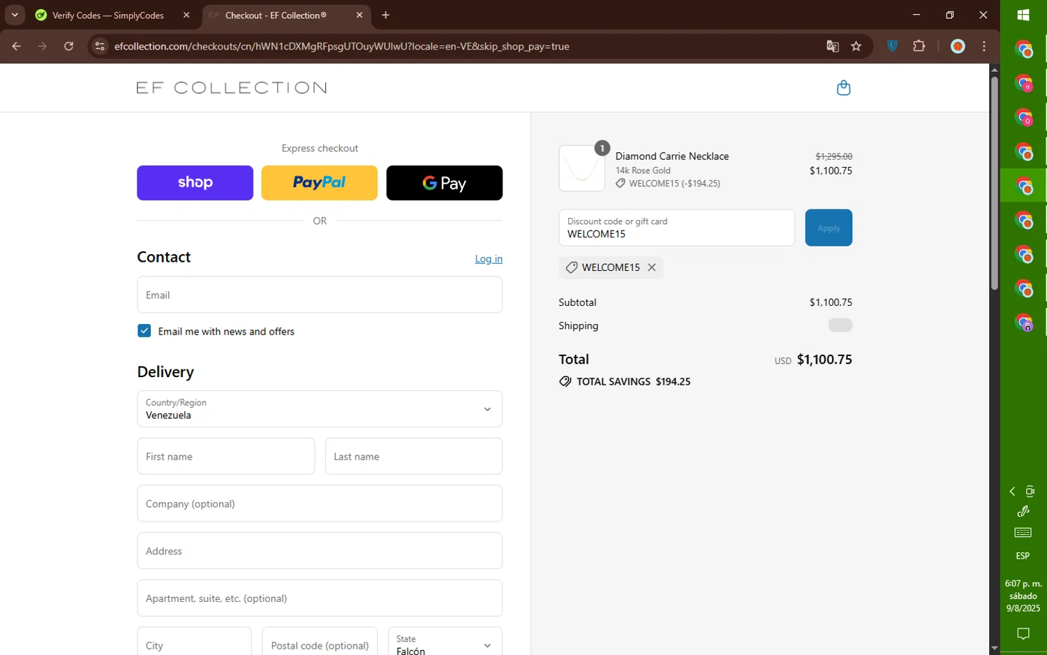 EF Collection discount code screenshot showing code WELCOME15 applied at EF Collection checkout page. Uploaded by SimplyCodes community member DealElite4728 on Aug 9, 2025