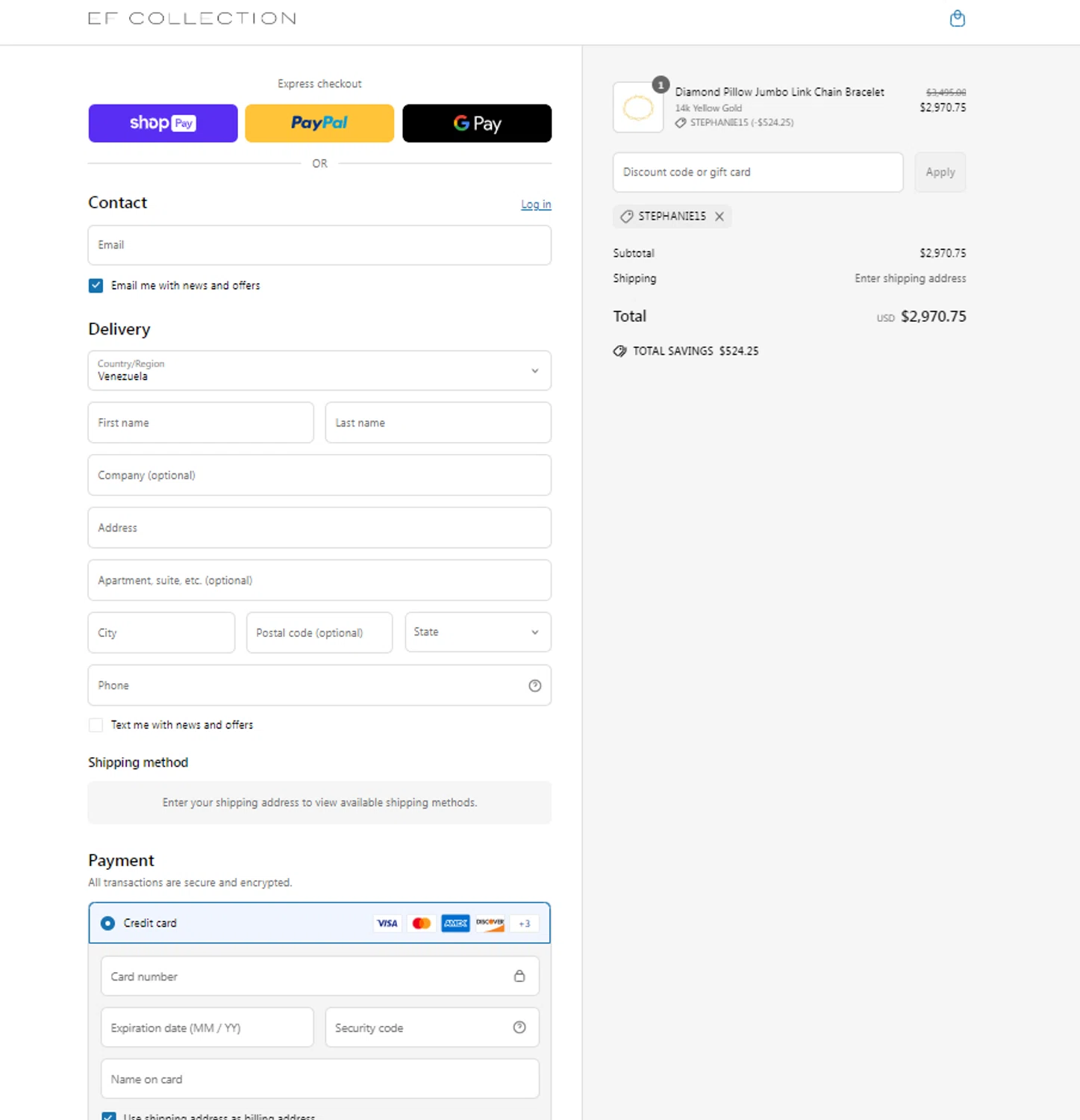 EF Collection discount code screenshot showing code Stephanie15 applied at EF Collection checkout page. Uploaded by SimplyCodes community member Noah19 on Apr 3, 2025