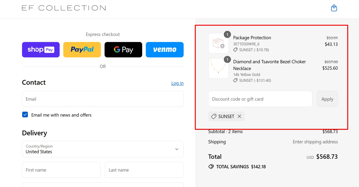 EF Collection discount code screenshot showing code sunset applied at EF Collection checkout page. Uploaded by SimplyCodes community member jamesalbertstevens on Aug 28, 2025