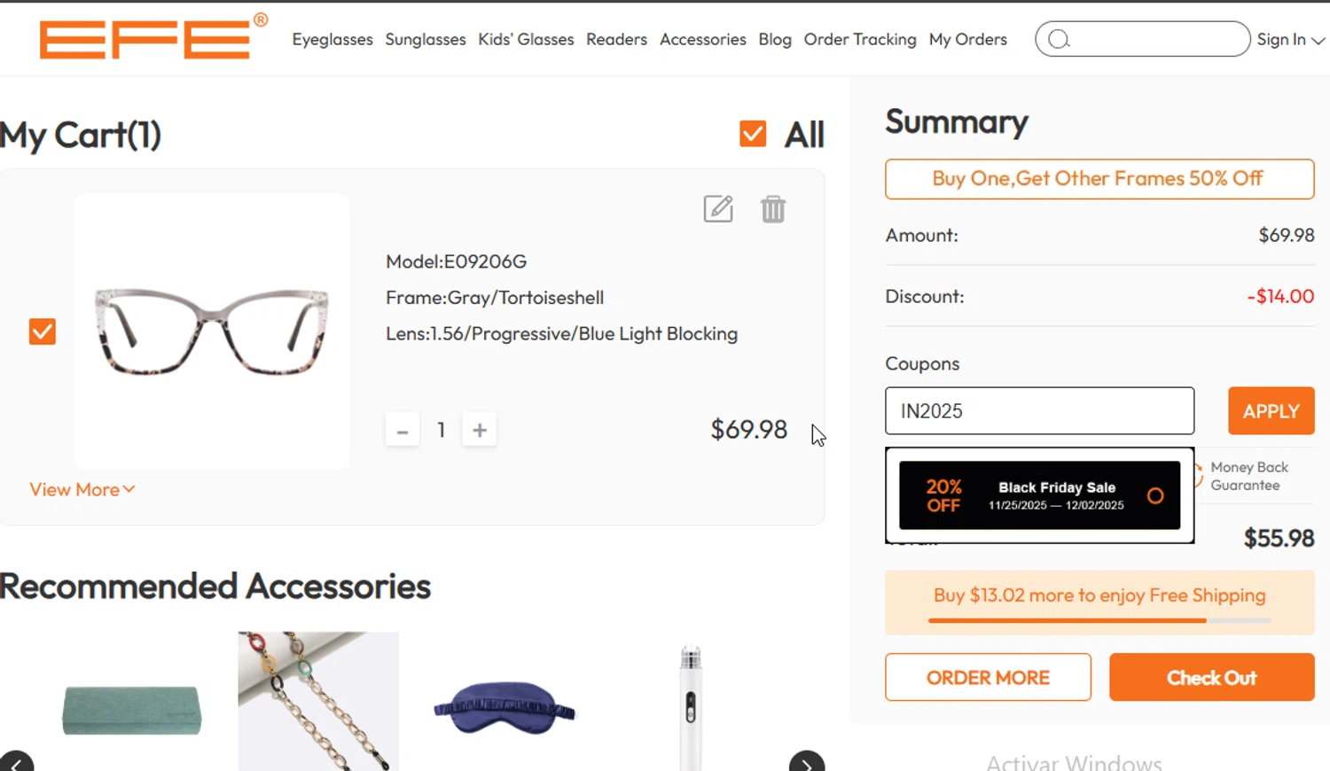EFE Glasses checkout page showing EFE Glasses coupon code box | Screenshot taken by SimplyCodes community member on Nov 30, 2025