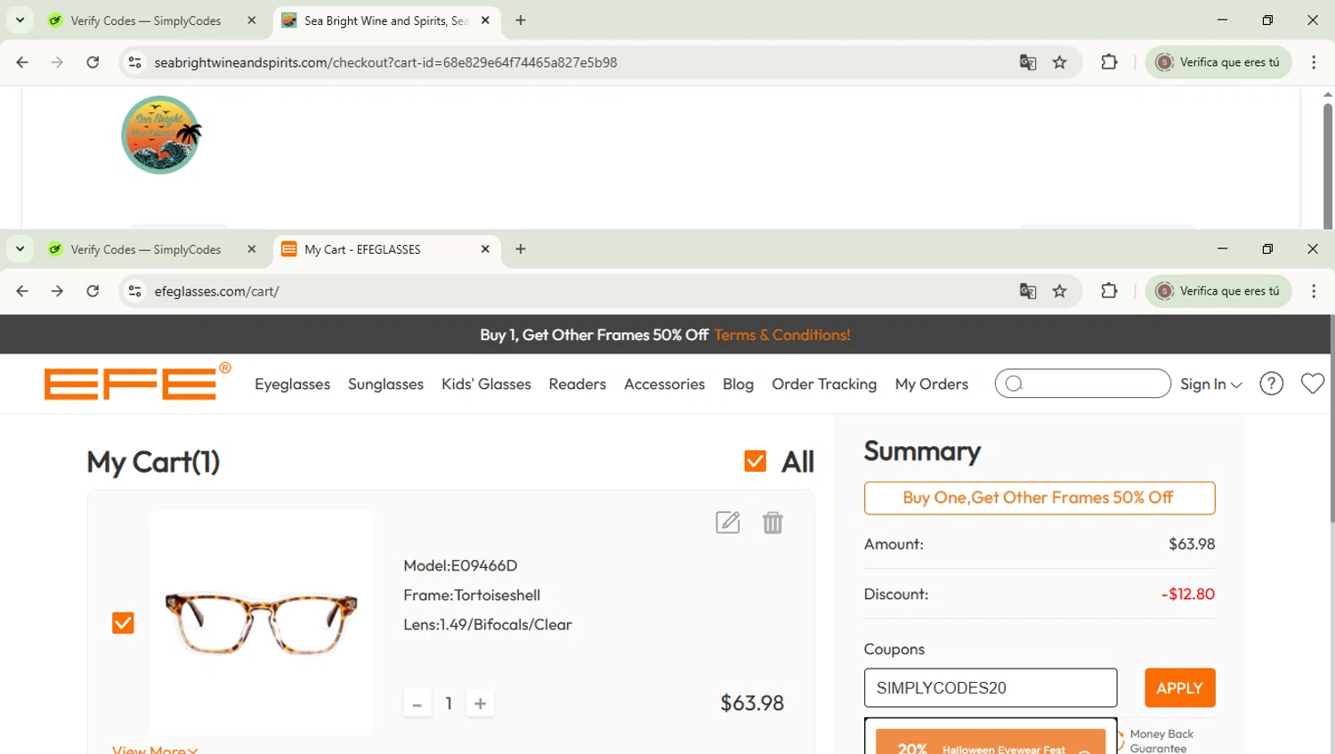 EFE Glasses coupon code screenshot showing code SIMPLYCODES20 applied at EFE Glasses checkout page. Uploaded by SimplyCodes community member WiseExpert2972 on Oct 9, 2025