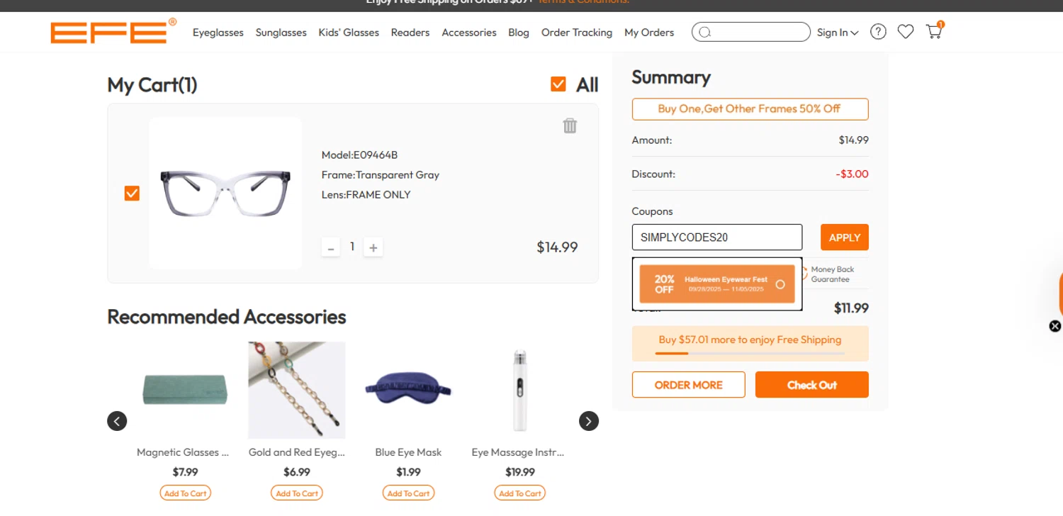 EFE Glasses coupon code screenshot showing code SIMPLYCODES20 applied at EFE Glasses checkout page. Uploaded by SimplyCodes community member Woskal on Oct 9, 2025