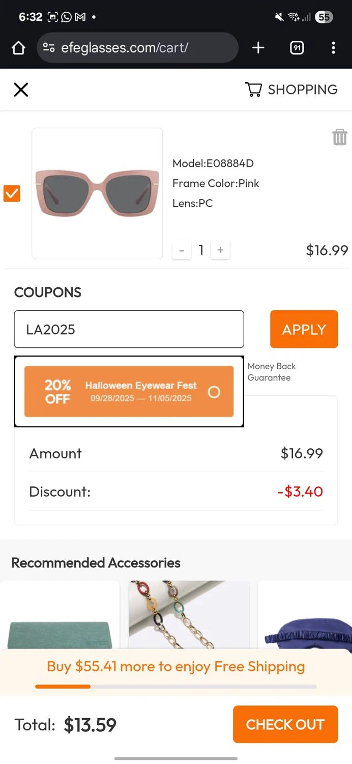 EFE Glasses coupon code screenshot showing code LA2025 applied at EFE Glasses checkout page. Uploaded by SimplyCodes community member KataldoMustafack on Oct 8, 2025
