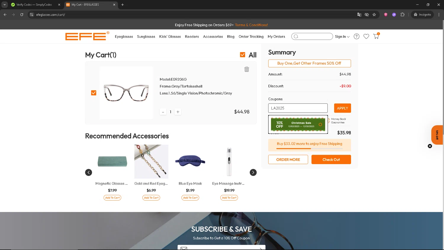 EFE Glasses coupon code screenshot showing code LA2025 applied at EFE Glasses checkout page. Uploaded by SimplyCodes community member pequenokalvin5 on Dec 4, 2025