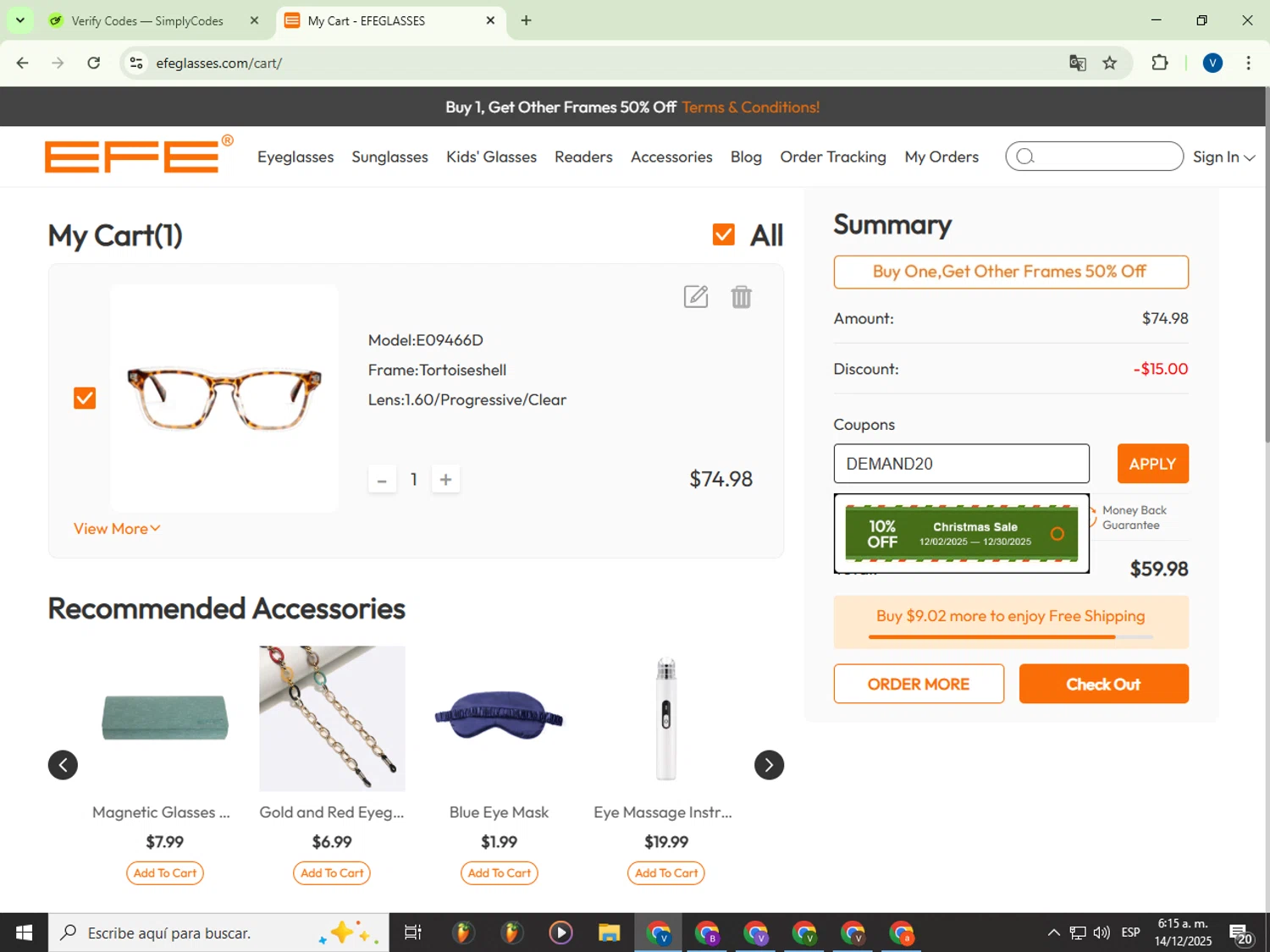 EFE Glasses coupon code screenshot showing code DEMAND20 applied at EFE Glasses checkout page. Uploaded by SimplyCodes community member Garou_Y2K on Dec 14, 2025