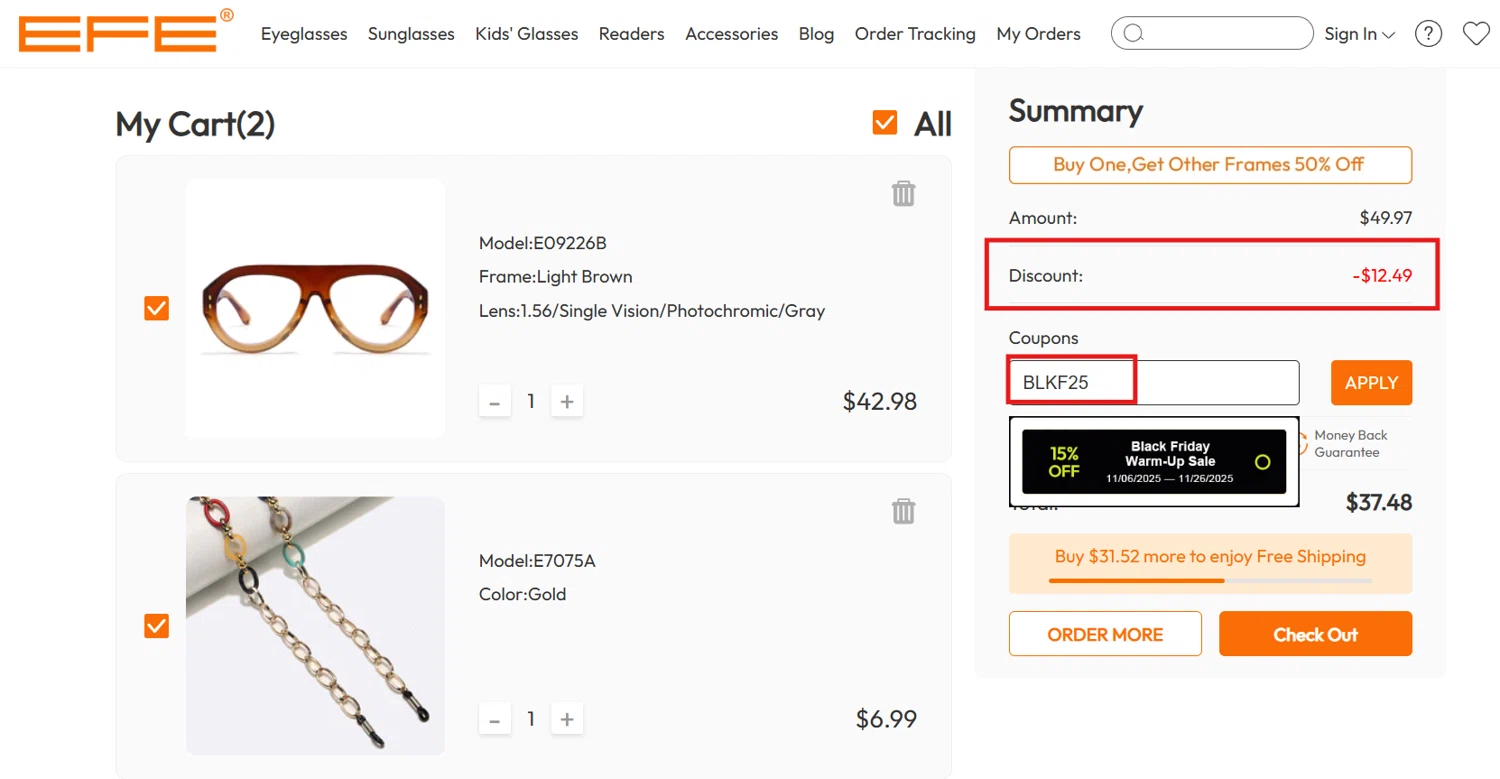 EFE Glasses coupon code screenshot showing code BLKF25 applied at EFE Glasses checkout page. Uploaded by SimplyCodes community member Jonalyn on Nov 13, 2025