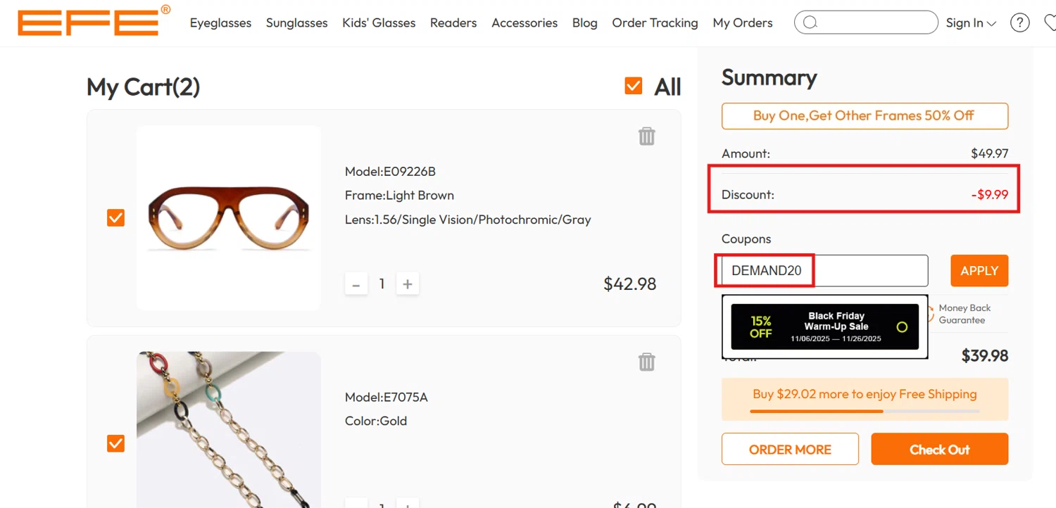 EFE Glasses coupon code screenshot showing code DEMAND20 applied at EFE Glasses checkout page. Uploaded by SimplyCodes community member Jonalyn on Nov 13, 2025