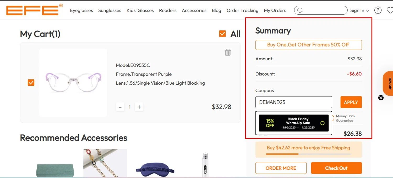 EFE Glasses coupon code screenshot showing code DEMAND25 applied at EFE Glasses checkout page. Uploaded by SimplyCodes community member Swiftdealz on Nov 10, 2025