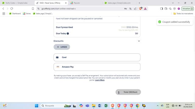 Effecty checkout page showing Effecty discount code box | Screenshot taken by SimplyCodes community member on May 6, 2025