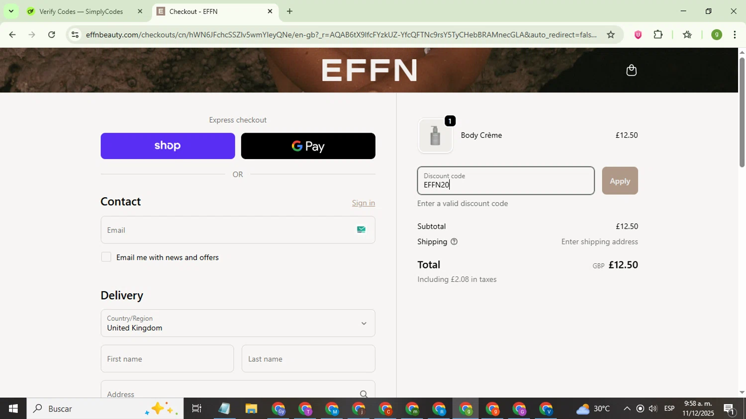EFFN discount code screenshot showing code EFFN20 applied at EFFN checkout page. Uploaded by SimplyCodes community member ValiantMaestro6680 on Dec 11, 2025