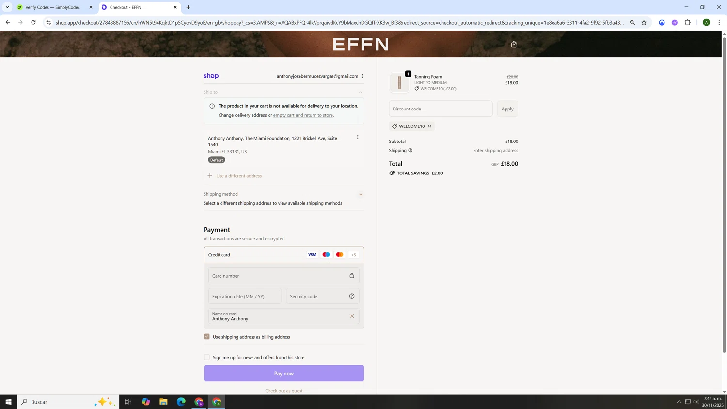 EFFN discount code screenshot showing code WELCOME10 applied at EFFN checkout page. Uploaded by SimplyCodes community member AnthonyGTX on Nov 30, 2025