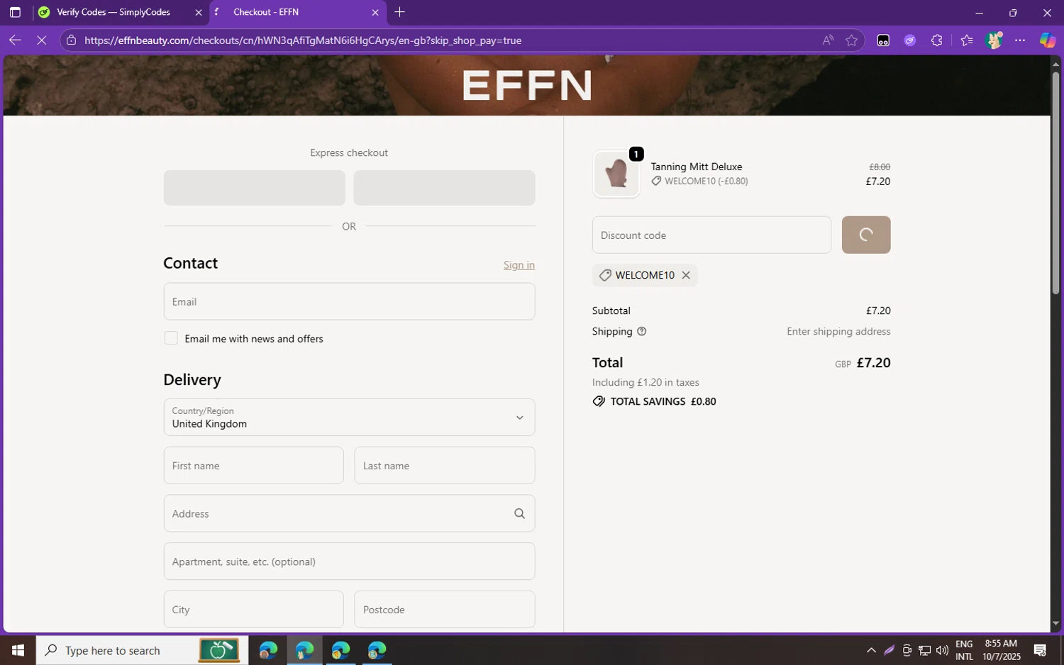 EFFN discount code screenshot showing code WELCOME10 applied at EFFN checkout page. Uploaded by SimplyCodes community member fghfgefds2 on Oct 7, 2025