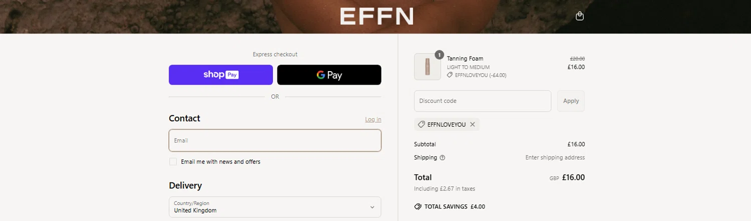 EFFN discount code screenshot showing code EFFNLOVEYOU applied at EFFN checkout page. Uploaded by SimplyCodes community member OnlywM on Jun 30, 2025