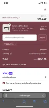 BFDAY20 coupon verification screenshot