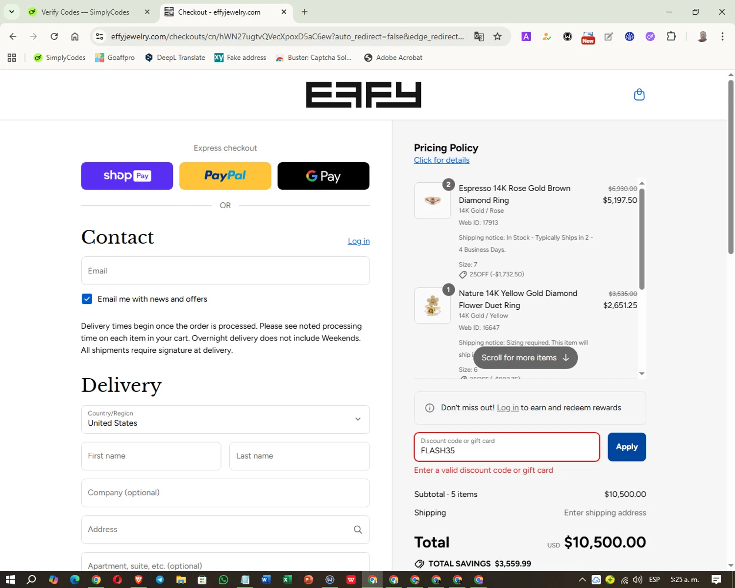 Effy Jewelry promo code screenshot showing code FLASH35 applied at Effy Jewelry checkout page. Uploaded by SimplyCodes community member Gutfig04 on Aug 23, 2025