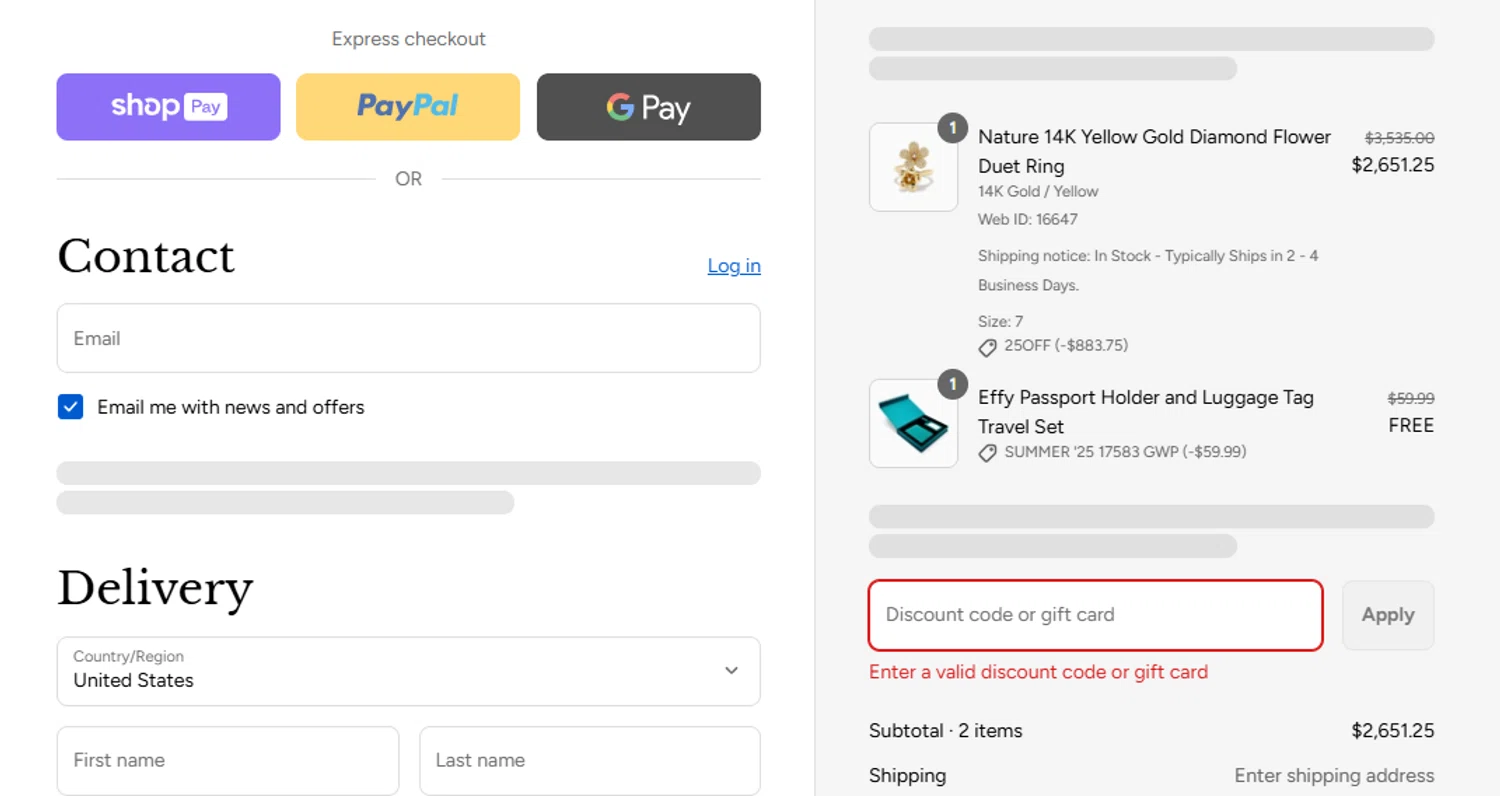 Effy Jewelry promo code screenshot showing code FLASH35 applied at Effy Jewelry checkout page. Uploaded by SimplyCodes community member ITSO1676764508225 on Aug 23, 2025