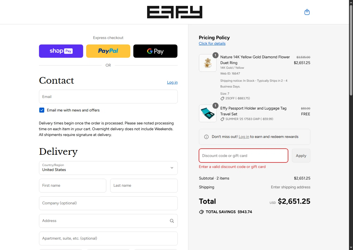 Effy Jewelry promo code screenshot showing code FLASH35 applied at Effy Jewelry checkout page. Uploaded by SimplyCodes community member Leannysv7lla on Aug 23, 2025