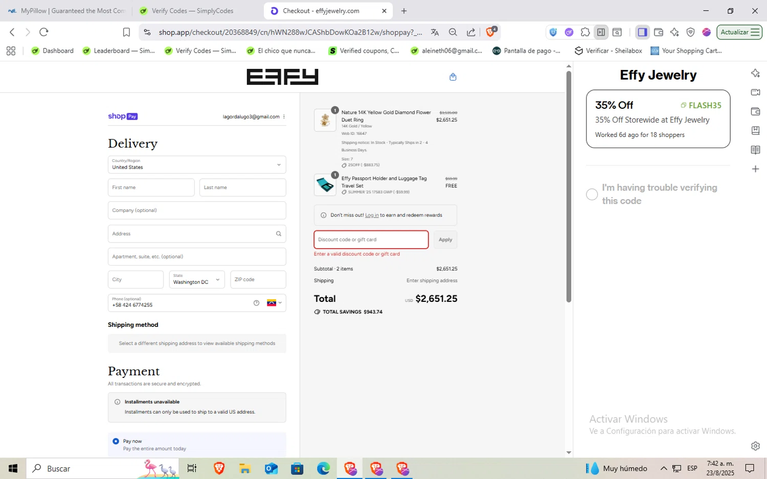 Effy Jewelry promo code screenshot showing code FLASH35 applied at Effy Jewelry checkout page. Uploaded by SimplyCodes community member holaquetal on Aug 23, 2025