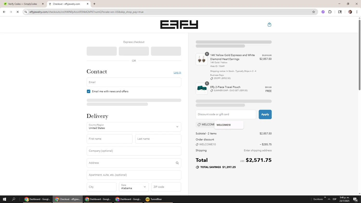 Effy Jewelry promo code screenshot showing code welcome10 applied at Effy Jewelry checkout page. Uploaded by SimplyCodes community member Levi_Ackerman on Jul 23, 2025